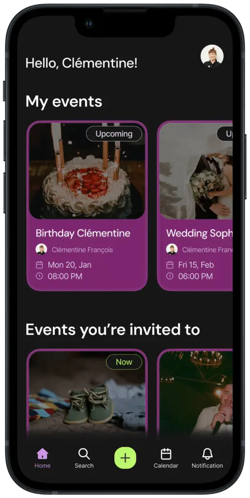 Mobile interface of an event management app showing upcoming and invited events with personalized user greeting and navigation menu.