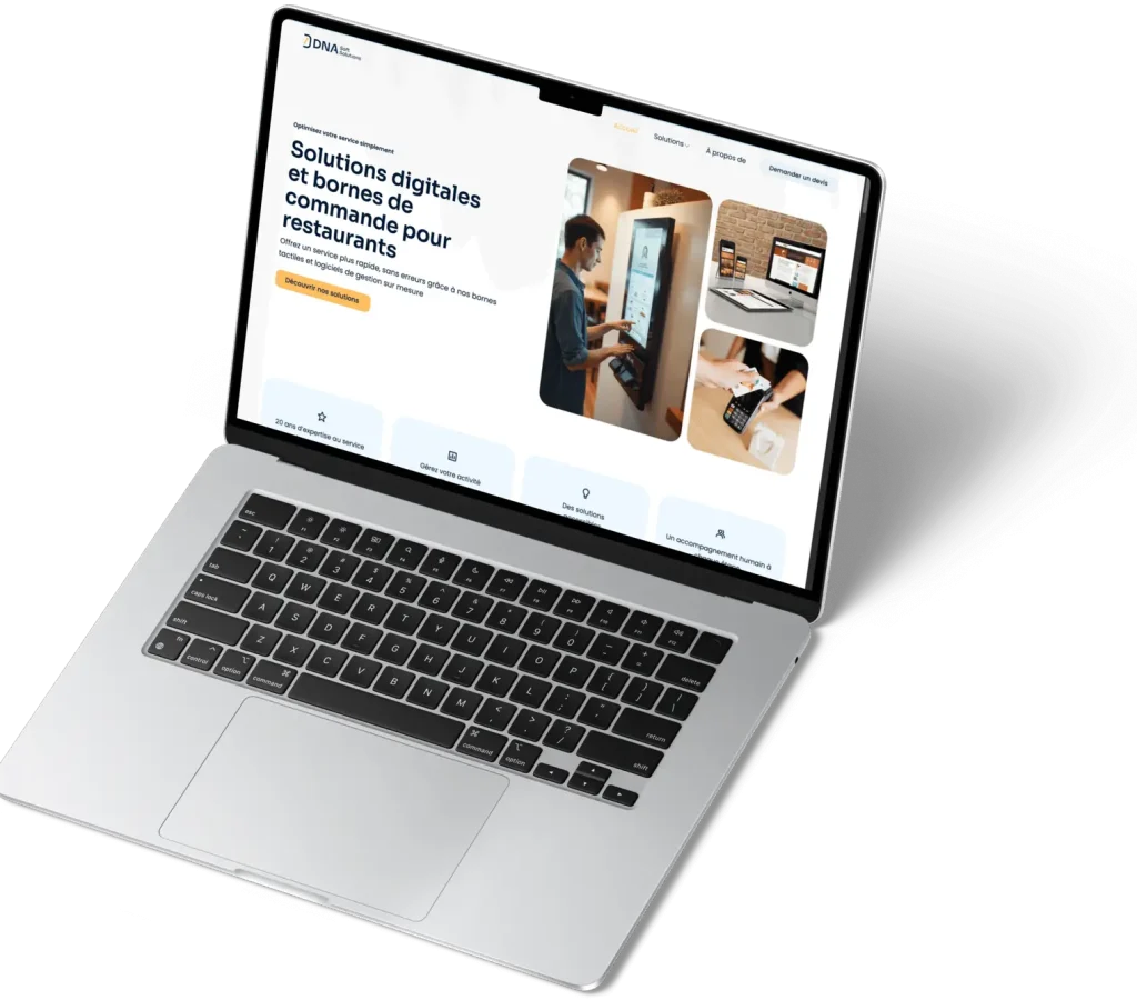 Homepage of a digital restaurant solution website on a MacBook, presenting self-order kiosks and software for restaurant management in French.